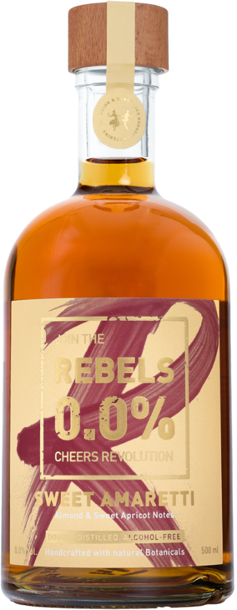 REBELS 0.0% Sweet Amaretti Alternative, Schweiz, Doubel Distilled. Alcohol Free.