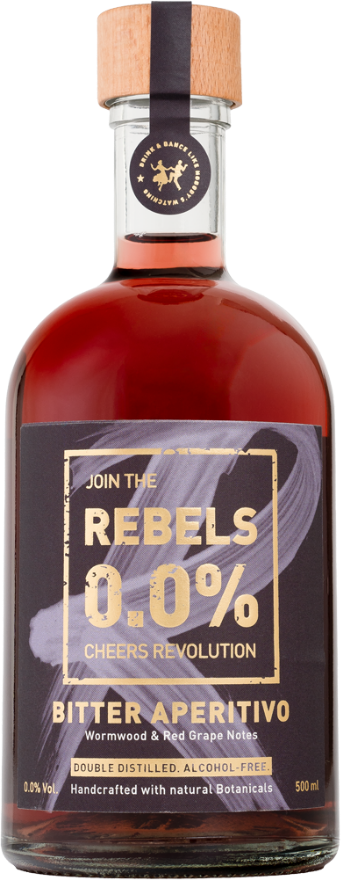 REBELS 0.0% Bitter Aperitivo Alternative, Schweiz, Doubel Distilled. Alcohol Free.