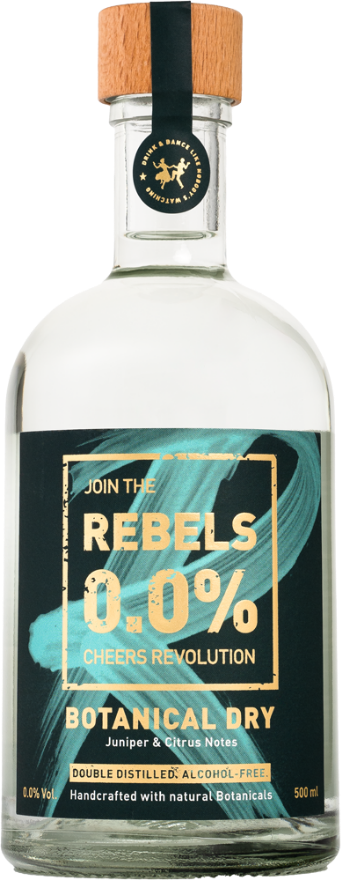 REBELS 0.0% Botanical Dry Gin Alternative, Schweiz, Doubel Distilled. Alcohol Free.