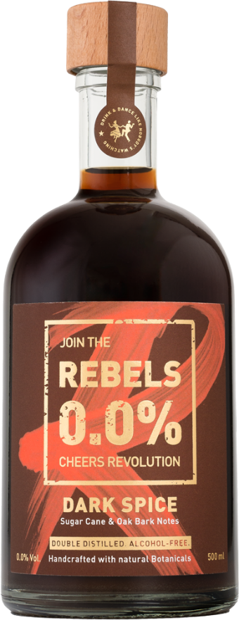 REBELS 0.0% Dark Spice Alternative, Schweiz, Doubel Distilled. Alcohol Free.