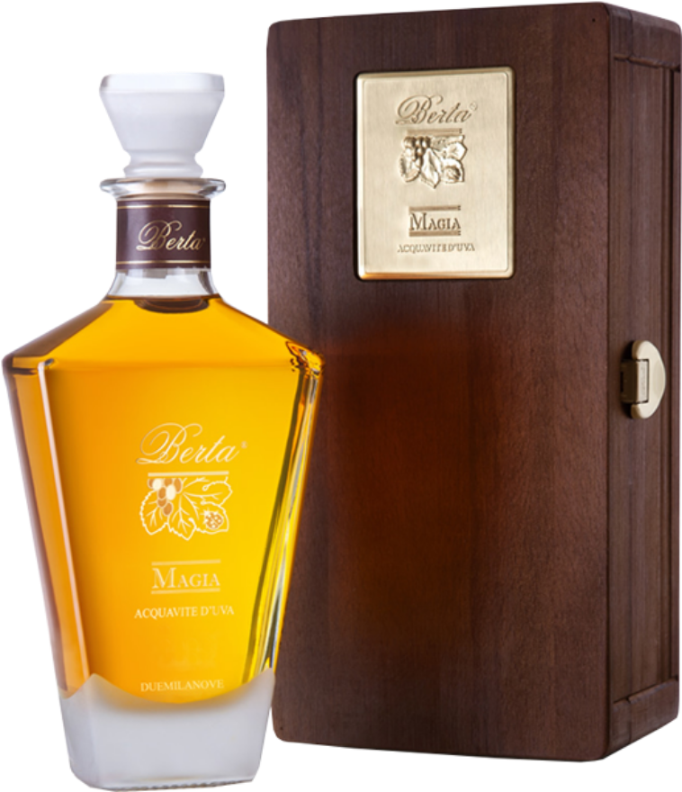 BERTA Grappa Magia 43° 2012, 70cl, Distillato d'Uva Elevato, Barriques, 1er-Holzkiste