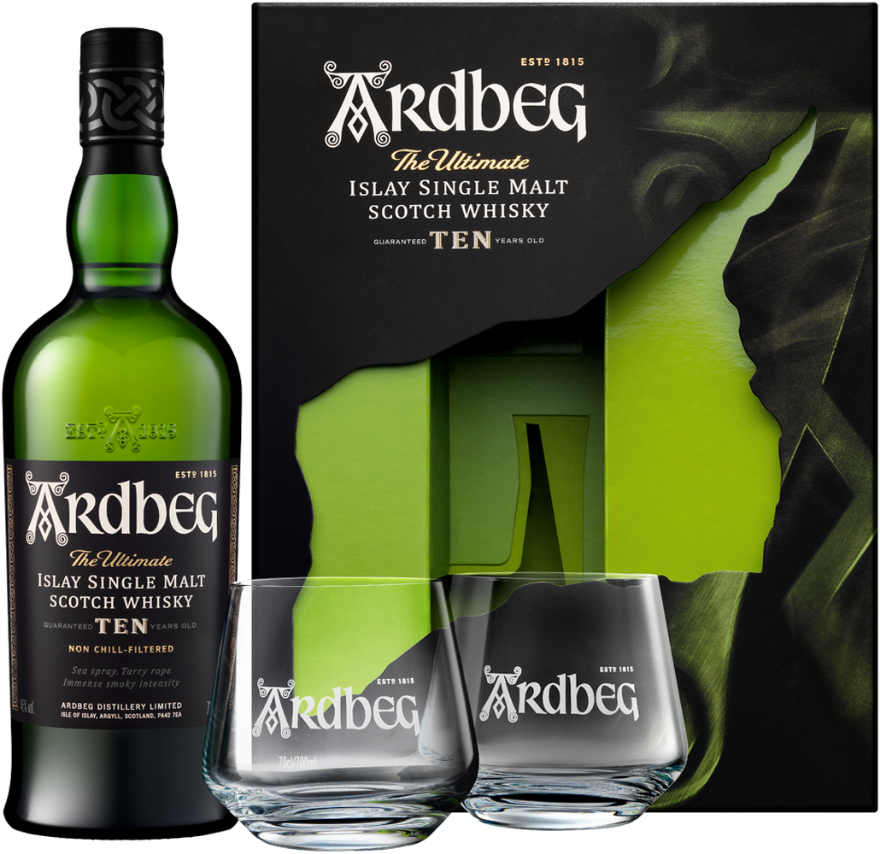 Ardbeg Whisky TEN Years Old Giftbox 46°, 70cl, Islay Single Malt Scotch Whisky / 2x Gläser